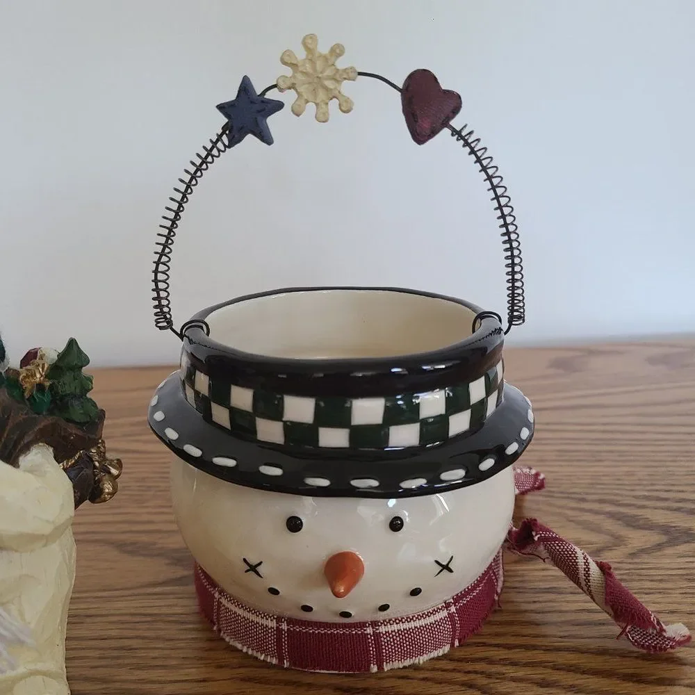 Vintage Wood-Look Snowman Figurine & Ceramic Snowman Bucket Pail Snowman Lot